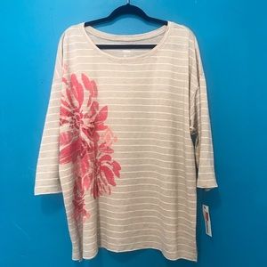 Cream Striped Tee with Pink Floral Pattern